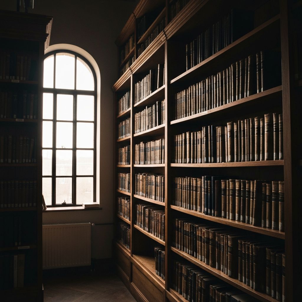 A quiet study or research library with warm lamp light and wooden bookshelves