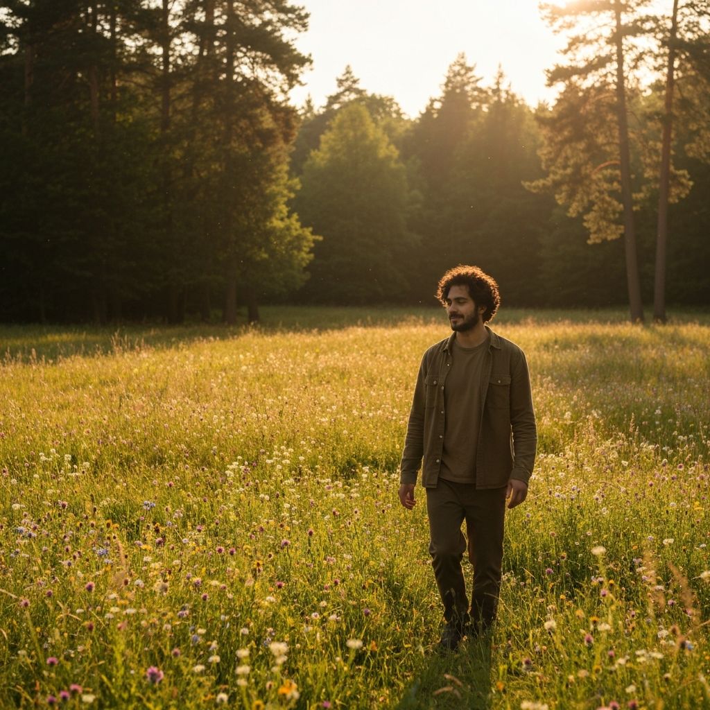 A person walking gently in a sunlit natural environment, evoking calm and well-being