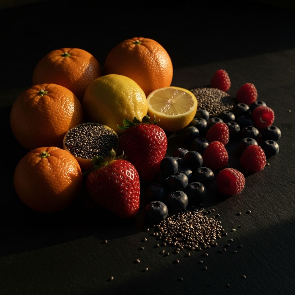 Citrus fruits, berries, and seeds arranged on a dark stone surface