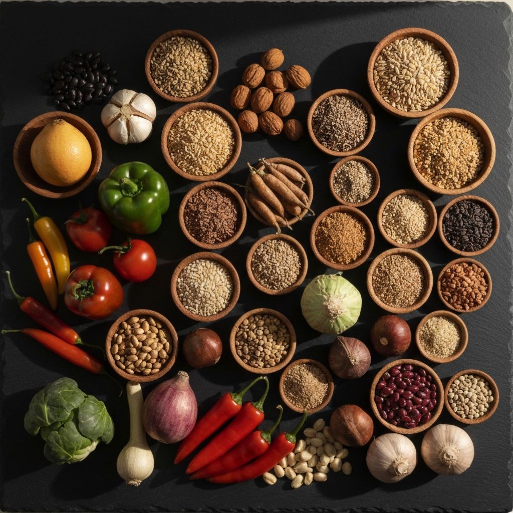 Overhead view of diverse unprocessed whole foods including vegetables, fruits, grains, and legumes